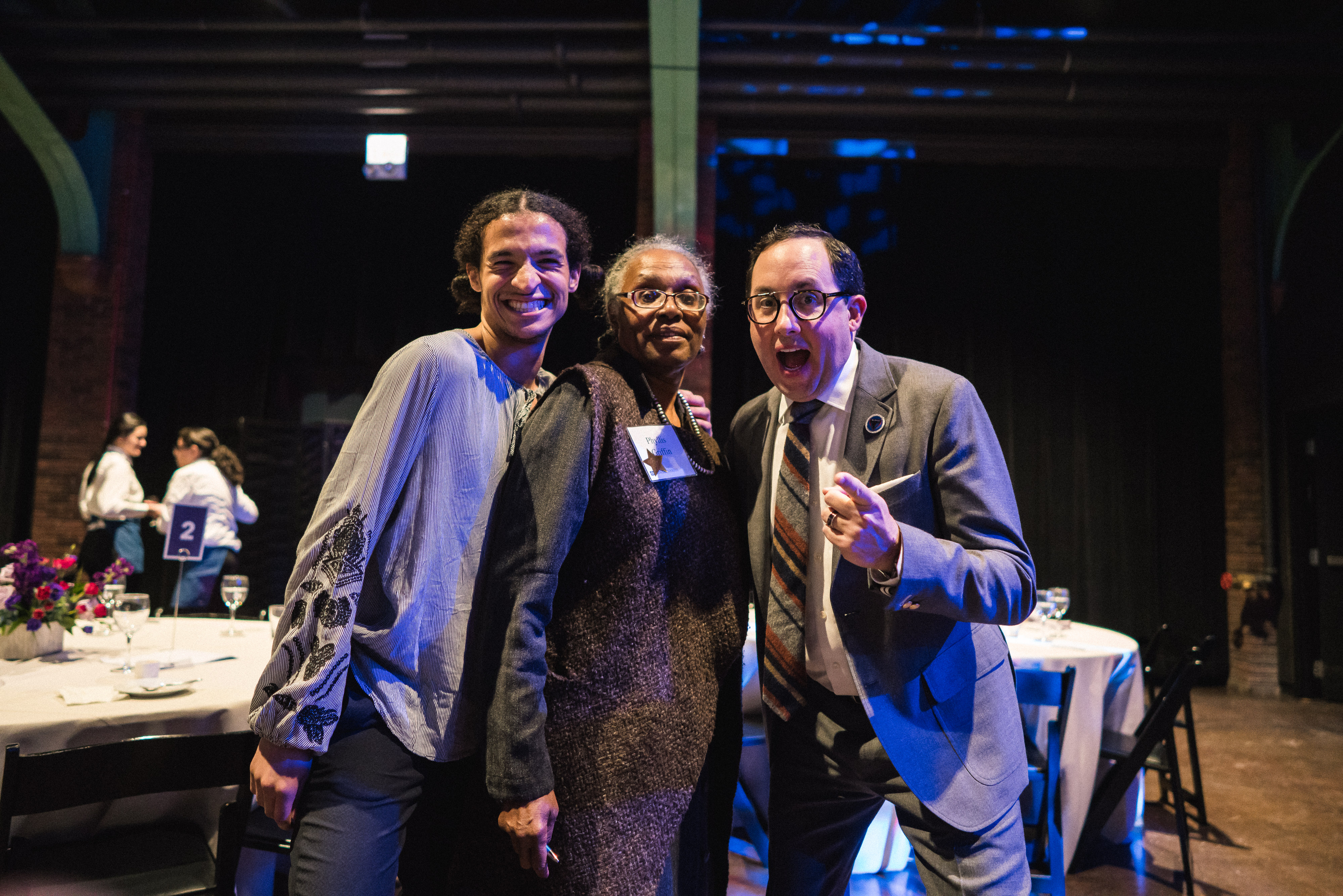 BFA Acting student Jordan Wallace, faculty member Phyllis E. Griffin, and MFA Acting alumnus and guest host for the evening, P.J. Byrne.